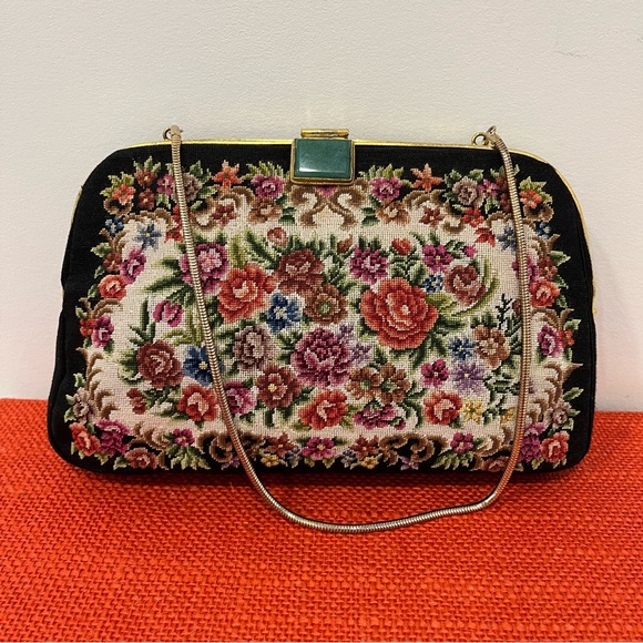 Vintage Petite Point Black Floral Needlepoint Bag with Jade-like Stone Clasp - Picture 1 of 16